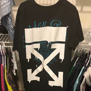 Off-White Black T-Shirt with White Drip Arrow Graphic and Teal Script